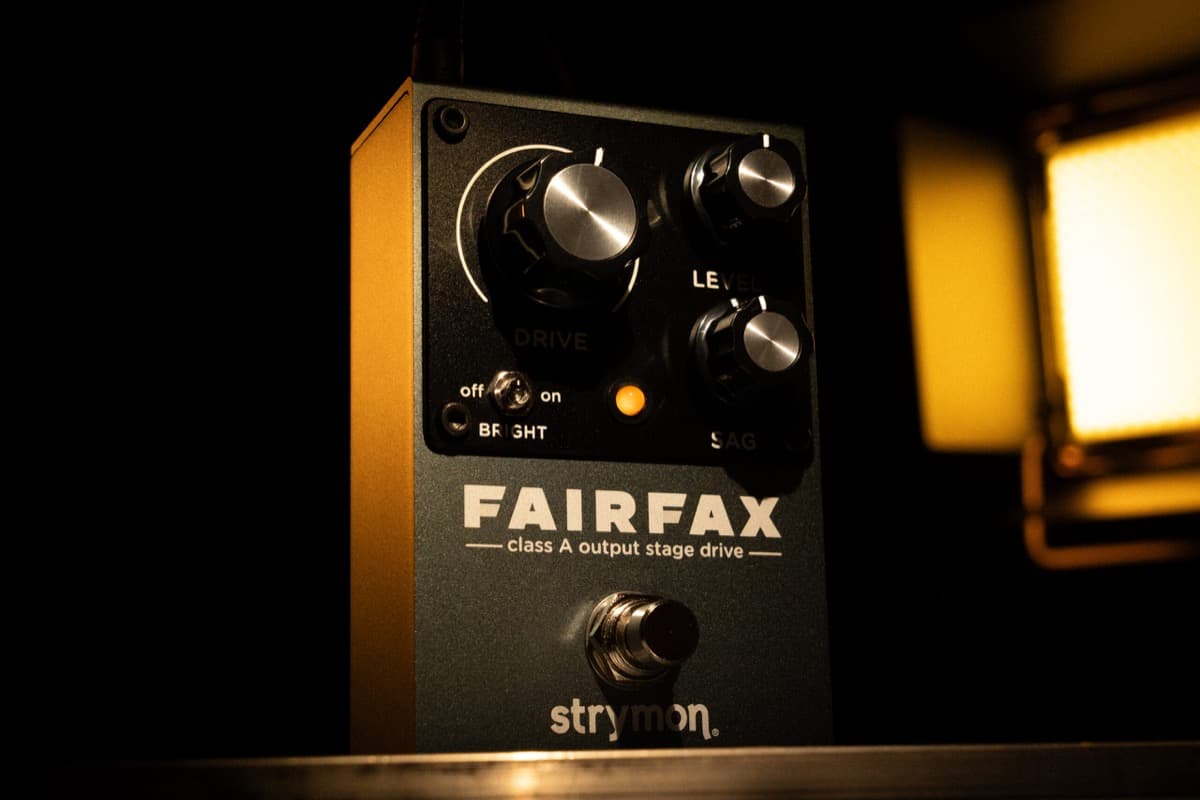 Strymon Fairfax overdrive pedal, on a pedalboard, cream enclosure