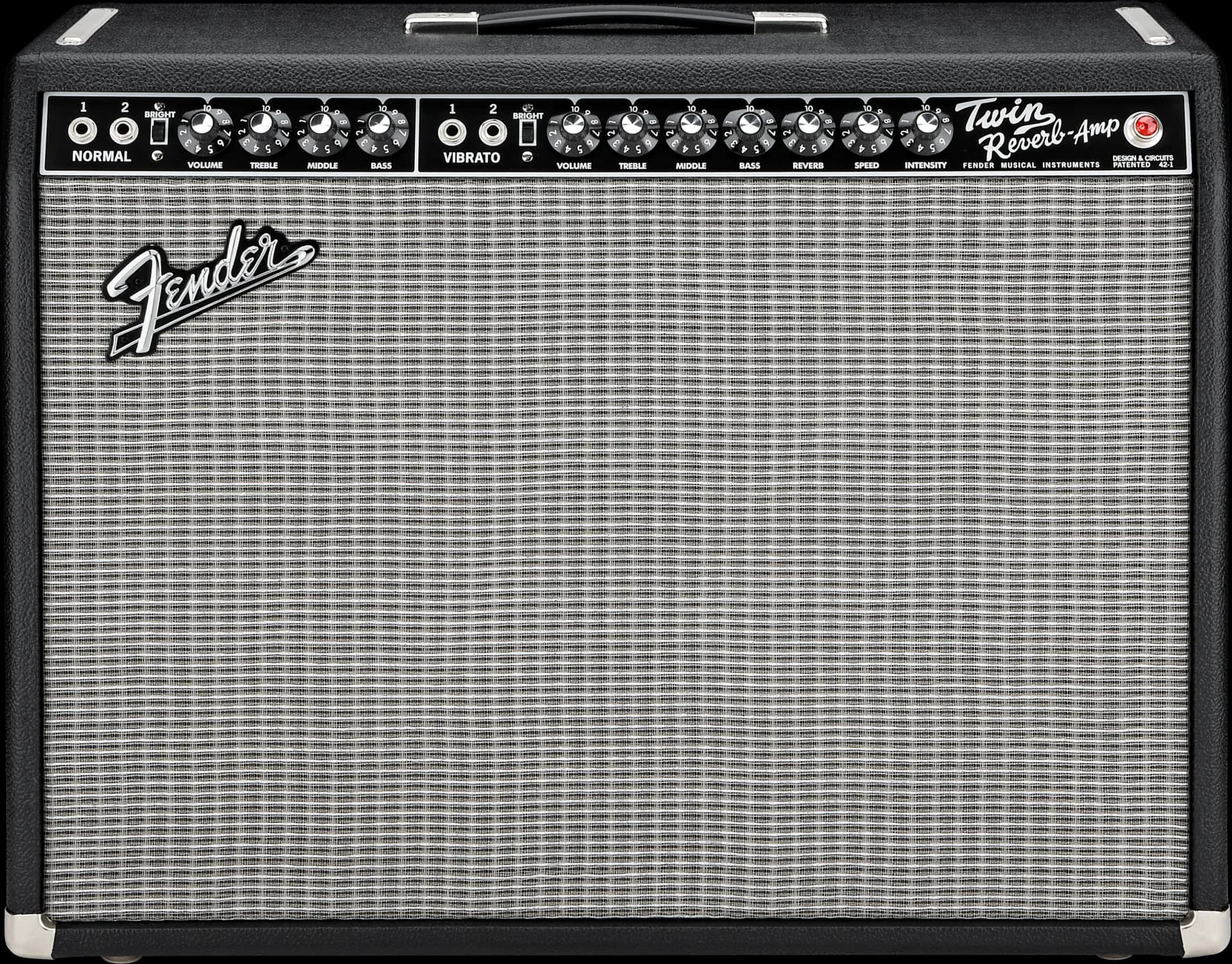 Fender '65 Twin Reverb combo amplifier, black tolex with the silver grille cloth and the two-channel control panel