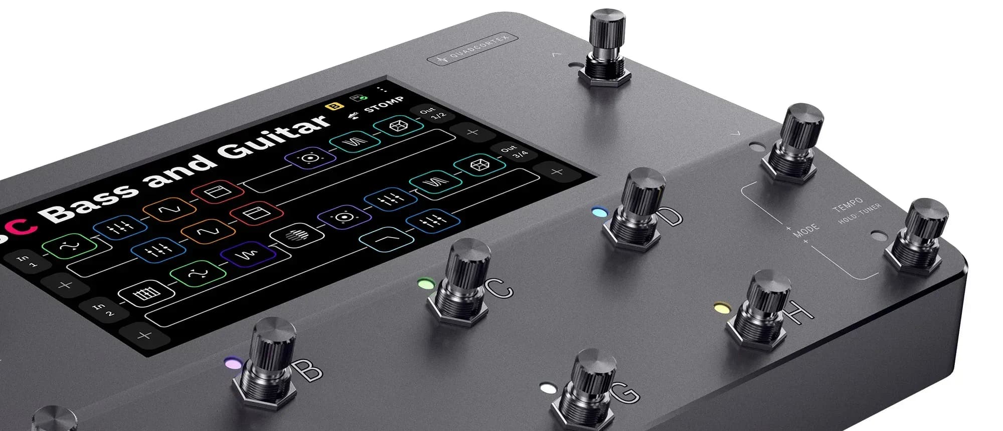 Neural DSP Quad Cortex modeller on a desk, touchscreen lit