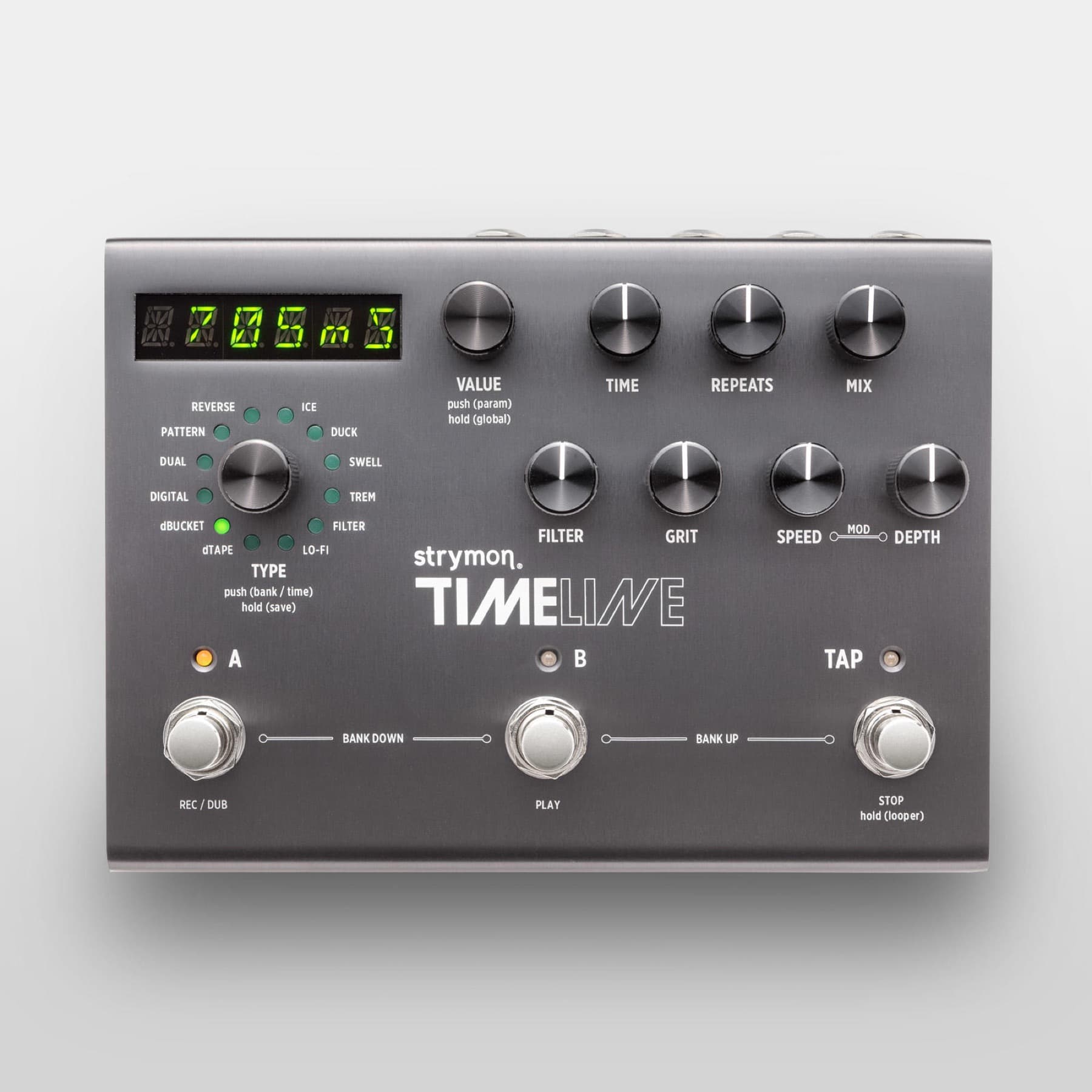 Strymon TimeLine delay pedal with its display and knobs