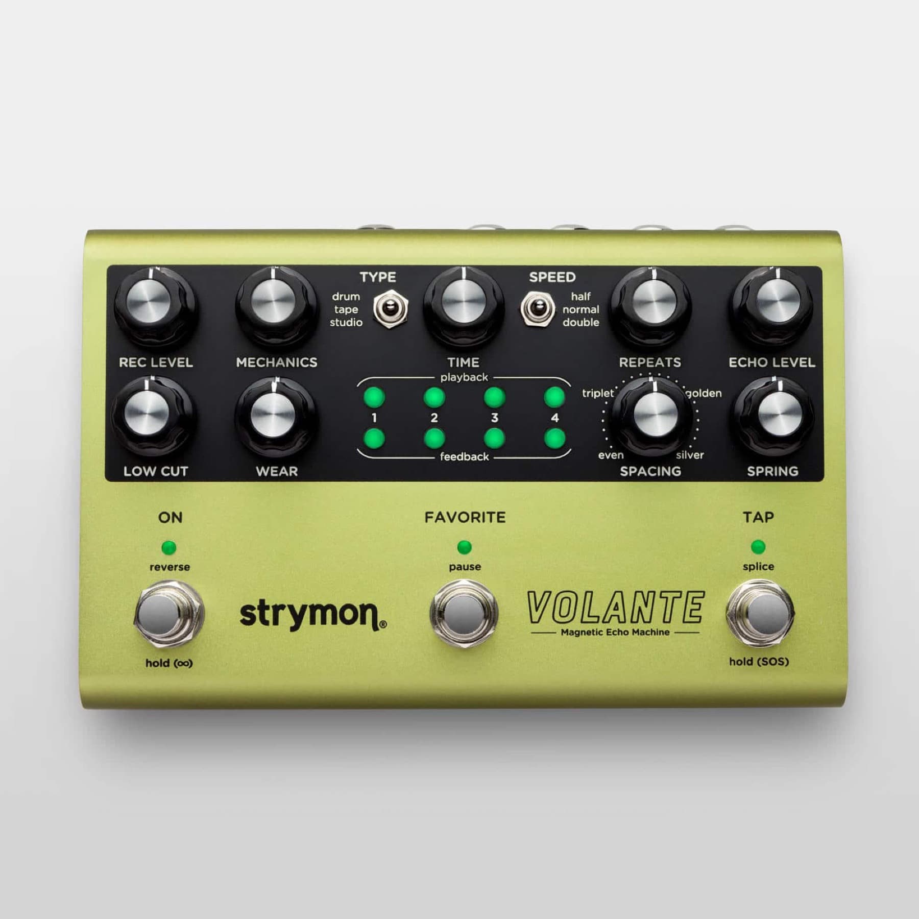 Strymon Volante magnetic echo pedal on a pedalboard