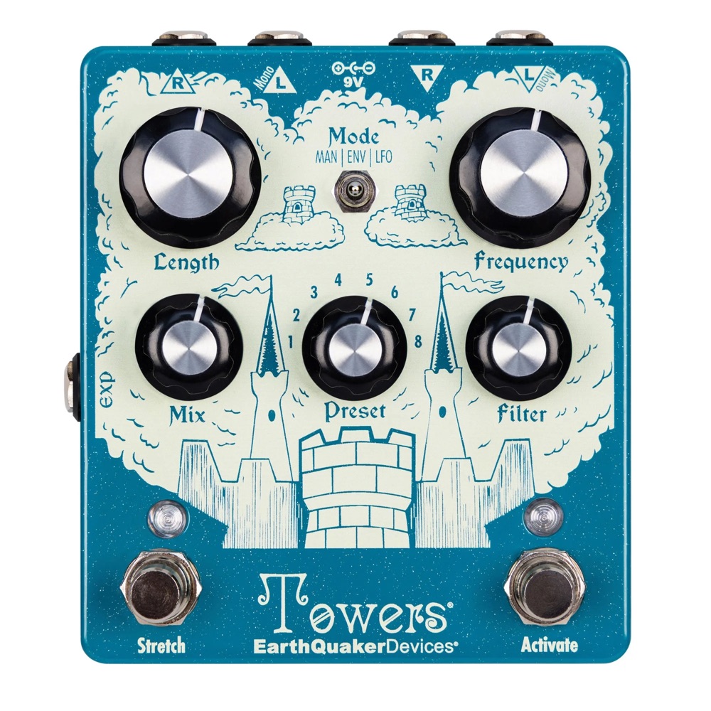 EarthQuaker Devices Towers reverb pedal, front view of the controls and footswitches