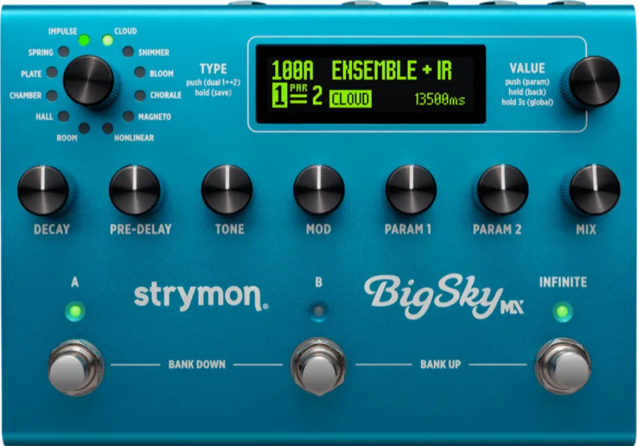 Strymon BigSky MX reverb pedal, top-down view of the full control set