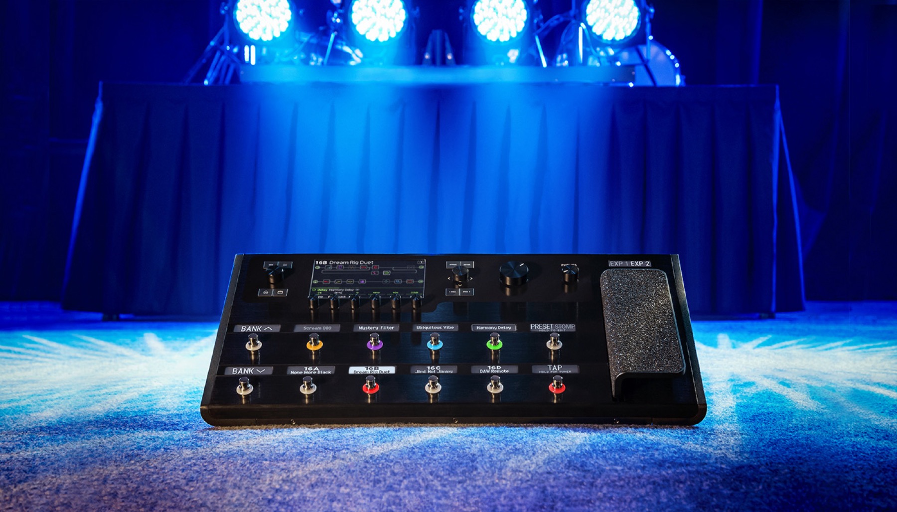 Line 6 Helix Floor multi-effects unit on a stage floor