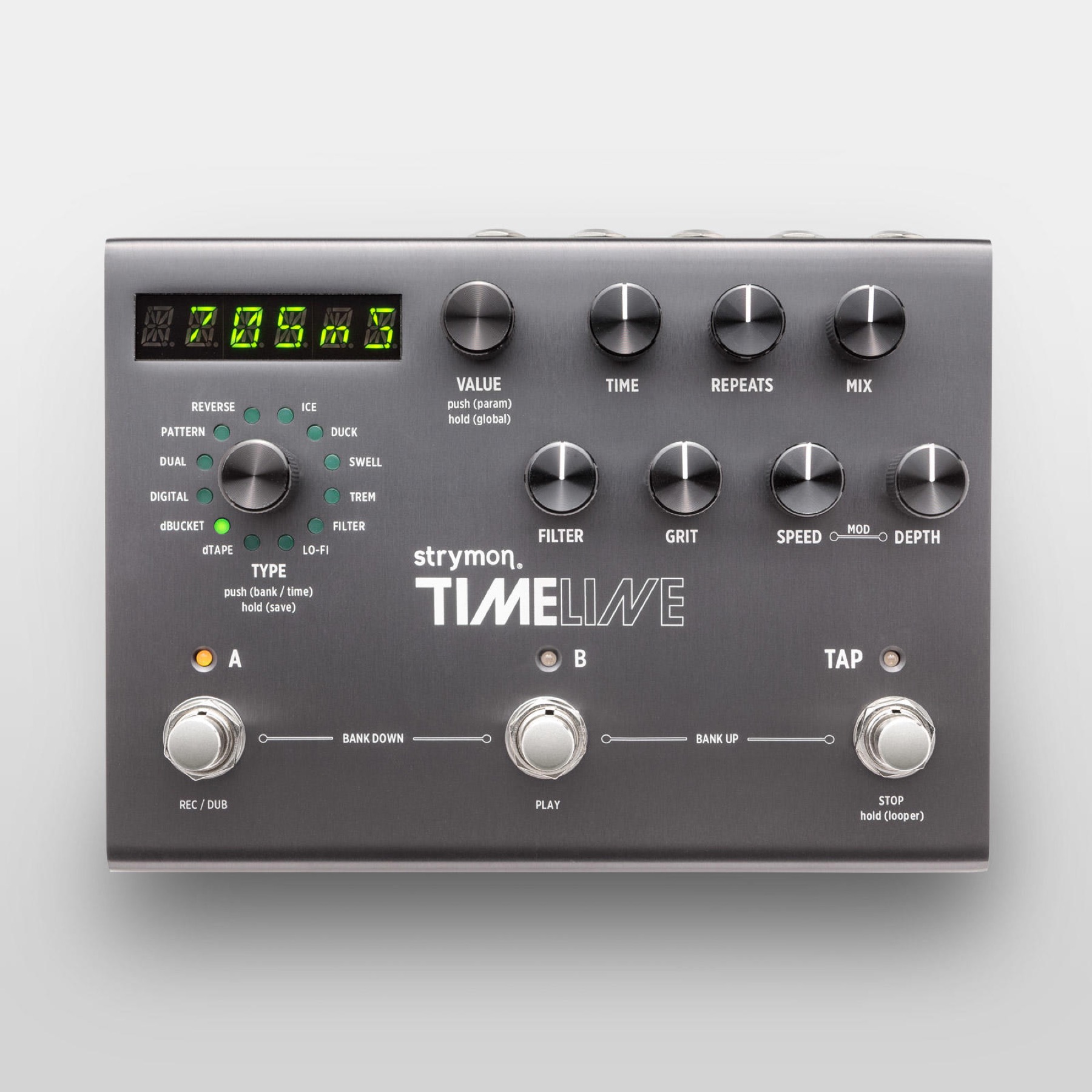 Strymon TimeLine delay pedal with its display and knobs